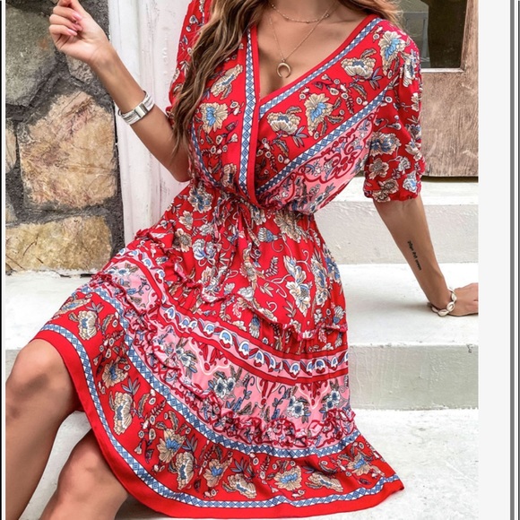 Boho Floral Paisley Print Overlap Neck Dress - Picture 2 of 15